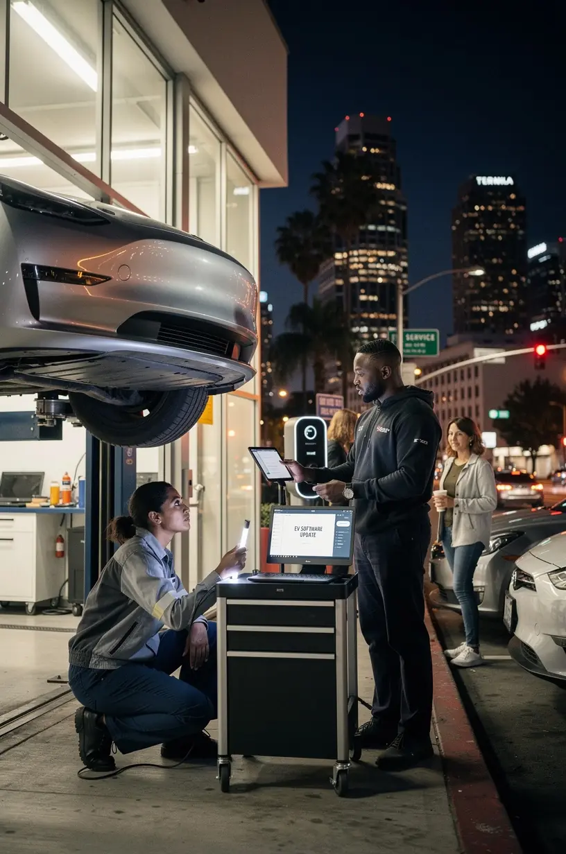 Electric vehicle lifted on a hydraulic lift with focus on brake wear assessment and repair.