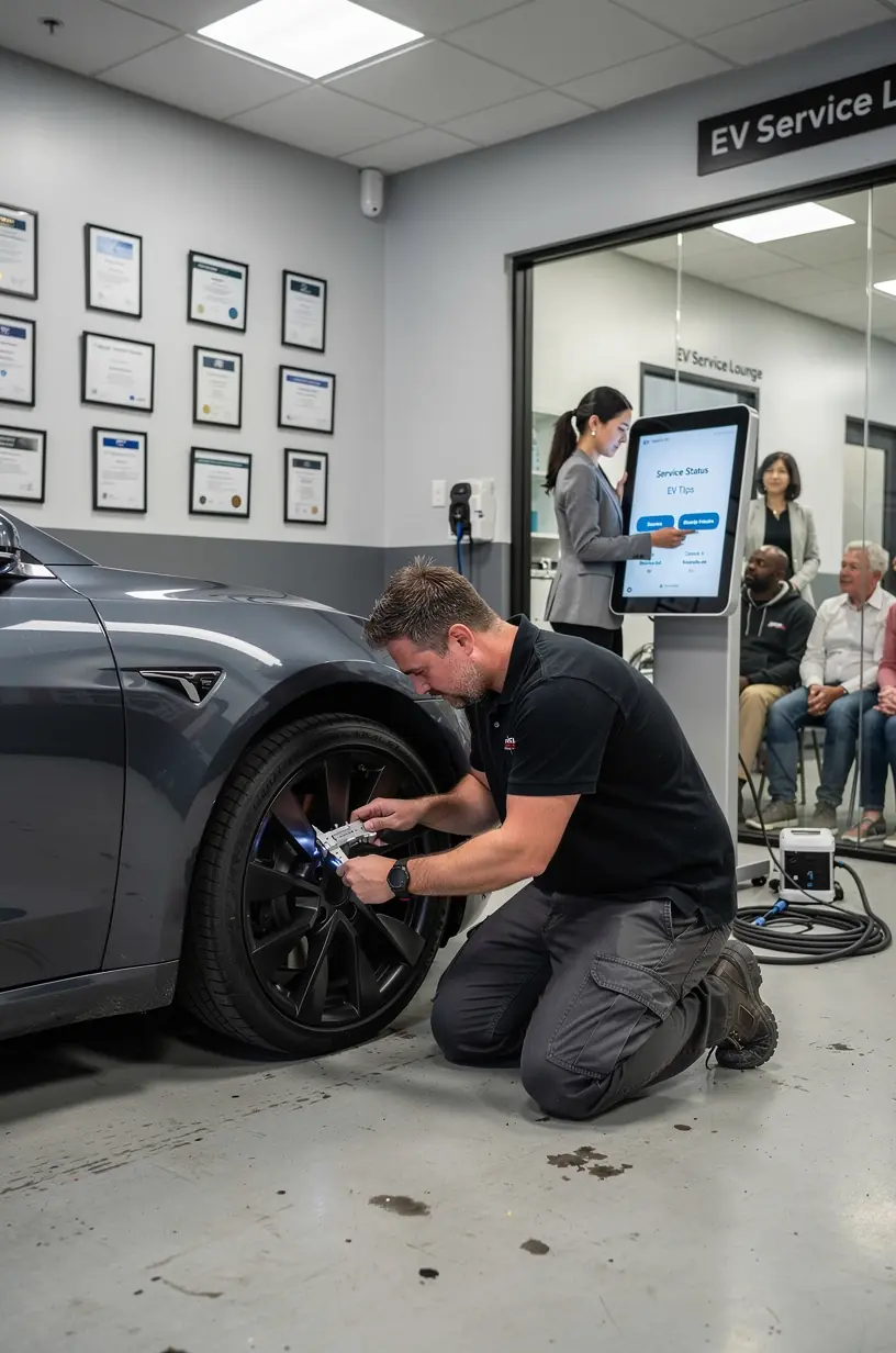 Mechanic inspecting brake pads on an electric car to ensure optimal safety and performance.